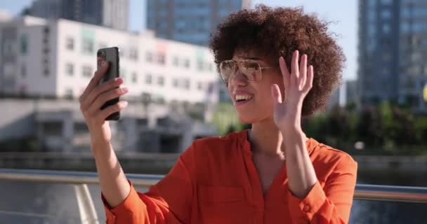 幸せな若いアフリカ系アメリカ人女性作る ビデオコール 夏の晴れた日に街の外に立っている彼女の手 — ストック動画