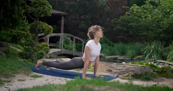 Beyaz Tenli Güzel Zayıf Genç Bir Kadın Parkta Yoga Yapıyor — Stok video