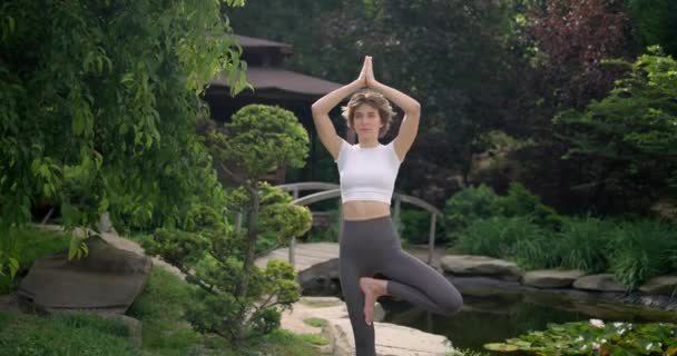 Caucásico Hermoso Deportivo Delgado Joven Haciendo Yoga Entrenamiento Físico Aire — Vídeo de stock