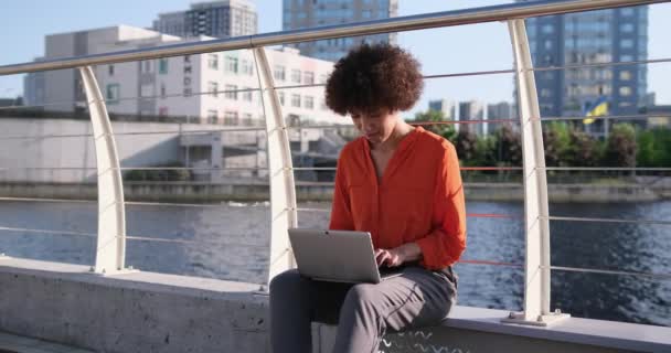年轻的非洲裔美国妇女坐在路堤旁 膝上型计算机在网上远程打字 — 图库视频影像