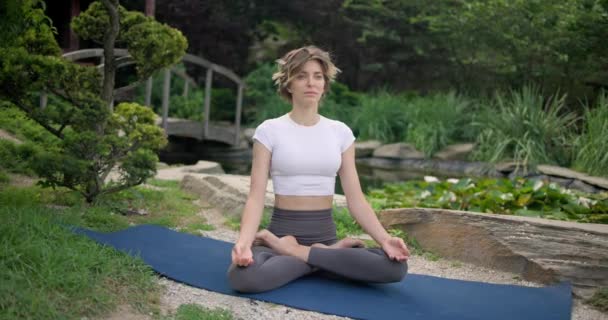 Caucasico Bella Sportiva Sottile Giovane Donna Che Yoga Allenamento Fisico — Video Stock