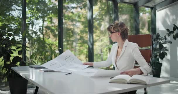 Une Jeune Femme Architecte Regarde Les Plans Une Maison Appartement — Video