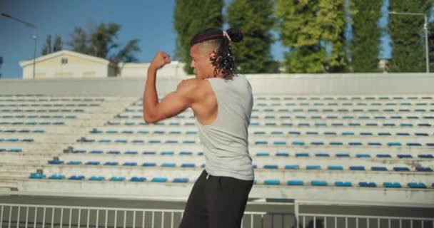 Young African American Man Boxer Boxing Slow Motion Exercising Stadium — Stock Video
