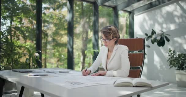 Une Jeune Femme Architecte Regarde Les Plans Une Maison Appartement — Video