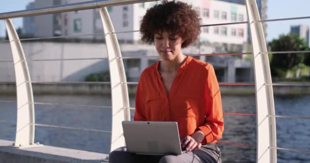 Ung Afrikansk Amerikansk Kvinna Sitter Vallen Med Bärbar Dator Online — Stockvideo