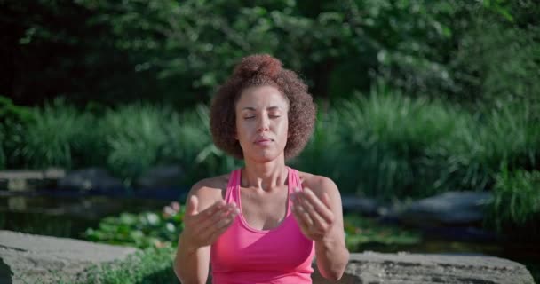 Молодая Африканская Американка Занимающаяся Йогой Солнечный День Открытом Воздухе — стоковое видео