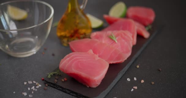 Organic Pink Raw Tuna Steak Stone Serving Board Soy Sauce — Stock Video