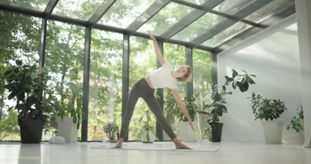 Ung Kaukasisk Fitnesskvinde Der Praktiserer Yoga Yogamåtte Moderne Studie Med – Stock-video