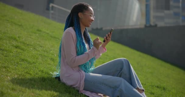 一个戴着眼镜的年轻的非洲裔美国女人在夏日的阳光下 正坐在草坪上通过视频通话聊天 — 图库视频影像