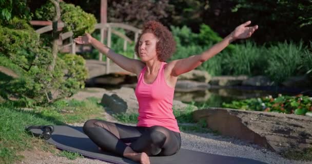 Joven Mujer Afroamericana Haciendo Yoga Día Soleado Aire Libre — Vídeos de Stock