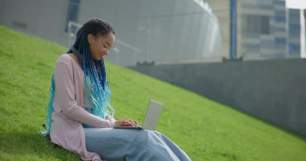 年轻的非洲裔美国女学生或自由职业者在网上学习或在户外草坪上使用笔记本电脑远程工作 — 图库视频影像