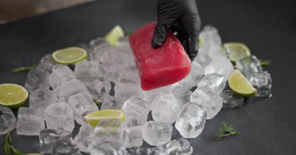 手袋で調理すると マグロの詰め物が 氷の上に置かれます Dciについて — ストック動画