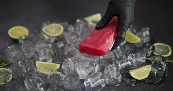 手袋で調理すると マグロの詰め物が 氷の上に置かれます Dciについて — ストック動画