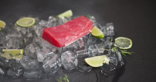 Cook Gloves Puts Freshly Cut Piece Tuna Fillet Ice Dci — Stock Video