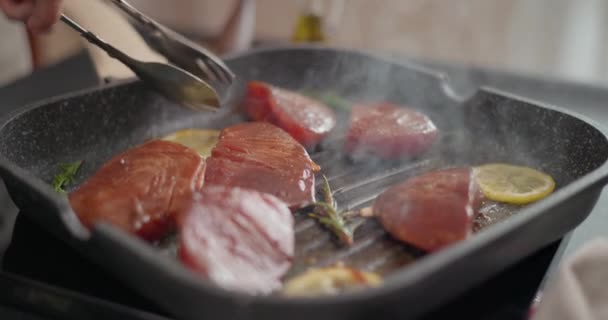Marinated Pieces Organic Raw Tuna Steak Frying Hot Grill Pan — Stock Video