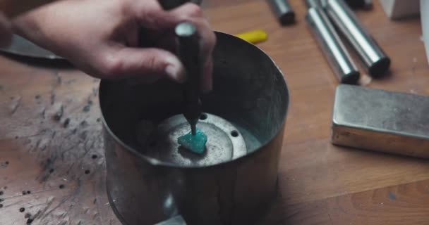 Jeweler Breaks Blue Quartz Gem Using Hammer Chisel — Stock Video