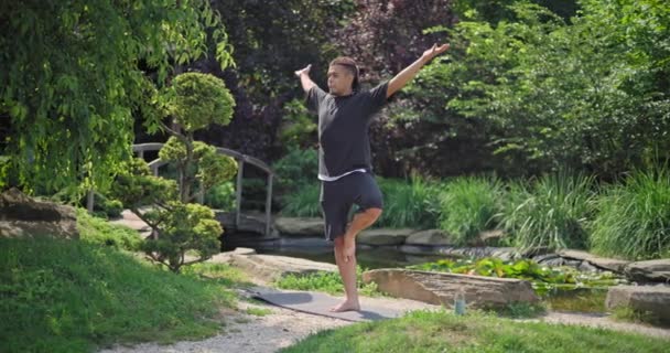 Gesunder Afrikanisch Amerikanischer Mann Der Park Yoga Praktiziert — Stockvideo