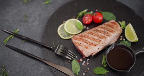 Grilled Tuna Steak Black Stone Serving Board Teriyaki Soy Sauce — Stock Video