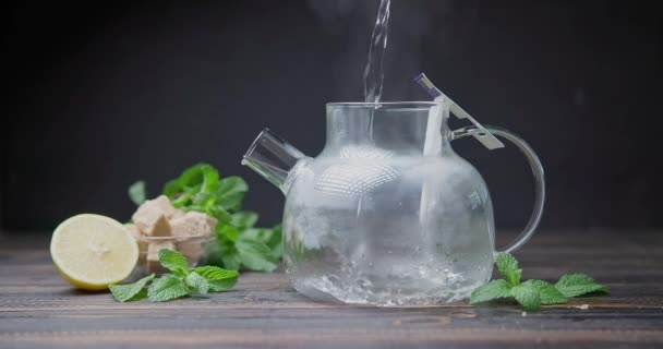 Hot Boiling Water Pours Glass Tea Pot Teabag — Stock Video
