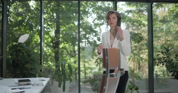 그녀의 사무실에서 전화로 말하는 건축가 — 비디오