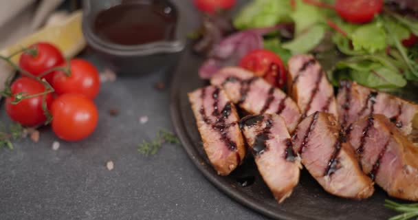 Sliced Fried Grilled Piece Organic Tuna Steak Black Ceramic Plate — Stock Video
