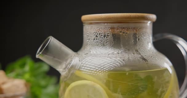 用天然有机草茶和柠檬 薄荷蒸煮玻璃杯茶壶 — 图库视频影像