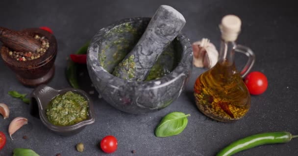 Green Basil Capers Sauce Black Ceramic Gravy Boat Dci — Stock Video