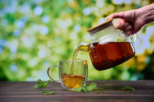 Натуральный Органический Травяной Чай Наливает Стакан Стекла Чайник — стоковое фото