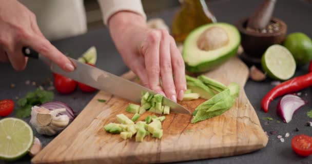 Salsa Recipe Woman Chopping Cutting Fresh Green Avocado Fruit Wooden — Stock Video