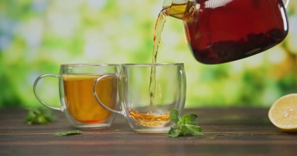 从玻璃杯或杯子茶壶中倒入有机天然茶 — 图库视频影像