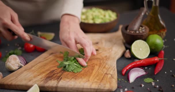 Salsa Recipe Woman Cutting Chopping Cilantro Parsley Greens Wooden Cutting — Stock Video