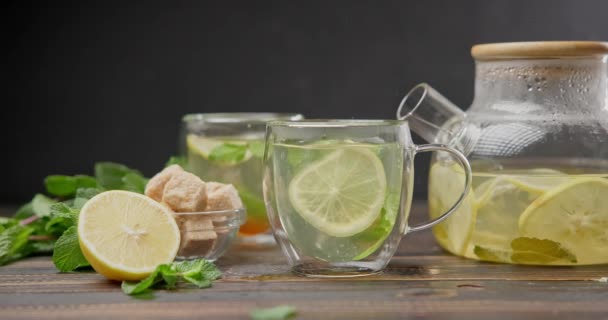 Putting Brown Sugar Cup Natural Organic Herbal Tea Lemon Mint — Stock Video