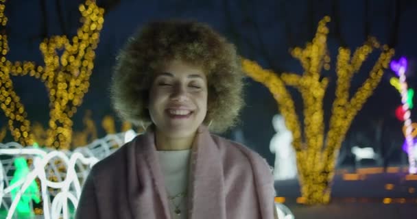 Krásná Afroameričanka Stojící Venku Zimním Večeru Pozadí Věnce Světla — Stock video