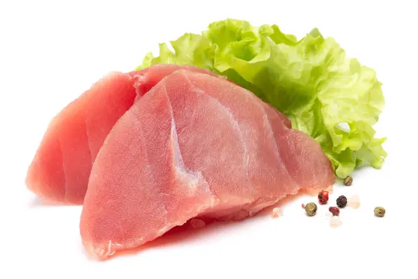 Čerstvý Tuňák Rybí Steak Izolovaný Bílém Pozadí — Stock fotografie