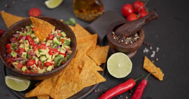 Freshly Made Salsa Dip Sauce Wooden Bowl Ingredients Tortilla Corn — Stock Video