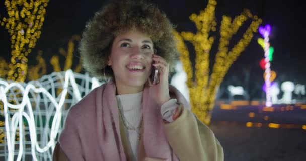Schöne Afroamerikanerin Steht Winterabend Vor Dem Hintergrund Von Girlanden Und — Stockvideo