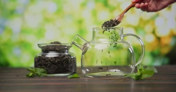 Dry Tea Leaves Pours Wooden Tea Spoon Glass Teapot Wooden — Stock Video