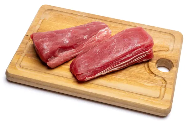 Thon Frais Steak Poisson Sur Une Planche Découper Bois Isolé — Photo