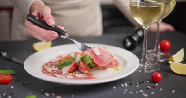 Cooking Tuna Carpaccio Cherry Tomato Pieces Plate Raw Tuna Fillet — Stock Video