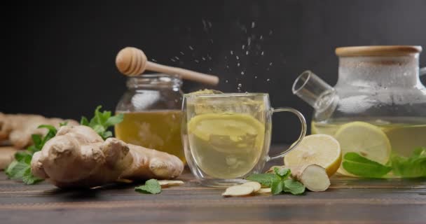 Citrom Szelet Beleesik Csésze Forró Gőzölgő Bio Gyógynövény Tea — Stock videók