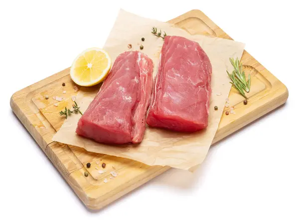 Fresh Tuna Fish Steak Wooden Cutting Serving Board Isolated White — Stock Photo, Image