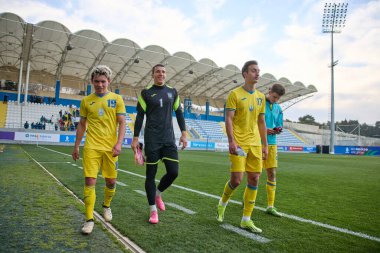Ukraine and Azerbaijan U-21 teams are playing a football match for the UEFA European Qualifiers Euro 2025 in Surakhany, Azerbaijan, on March 26, 2024. In the photo: Maksym Khlan, Ruslan Neshcheret clipart