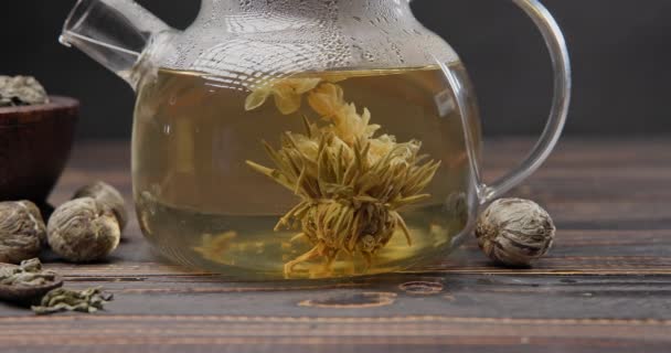 Цвітіння Квітки Чаю Кульки Заварювання Скляному Чайнику Гарячою Киплячою Водою Стокове Відео 