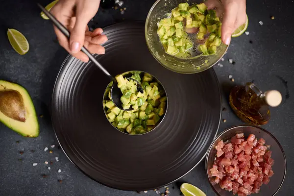 Tuna Avocado Tartare Recipe Woman Fills Cooking Form Sliced Chopped Stockbild