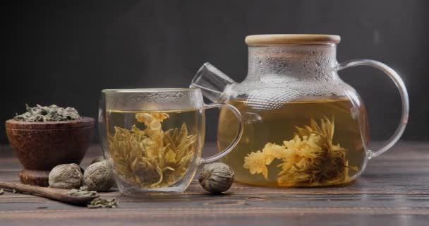 Цвітіння Квітки Чаю Кульки Заварювання Скляному Чайнику Гарячою Киплячою Водою Ліцензійні Стокові Відео