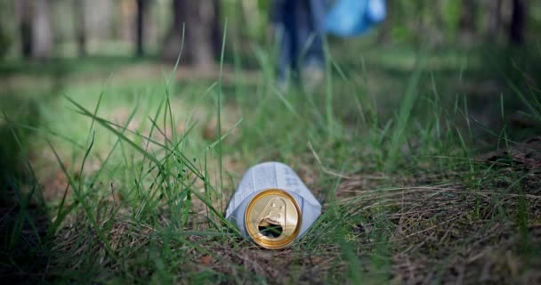 Человек Пластиковым Пакетом Собирает Мусор Лесу Пронзая Палкой Dci — стоковое видео