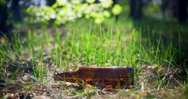 Ein Mann Hebt Eine Glasflasche Auf Die Auf Dem Rasen — Stockvideo