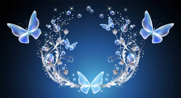魔法の青い蝶と泡 花が華やかで光沢のある星でおとぎ話の背景を光る 幻想的な輝きのフレームは 透明な虹色のボール 花の装飾とコピースペースで構成されています — ストックベクタ