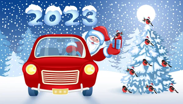 Christmas Card Santa Claus Red Vintage Car Gift Box Winter — Stock Vector