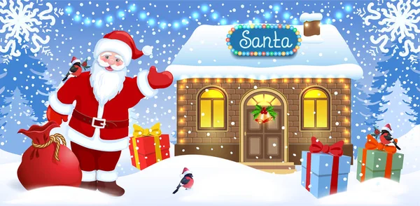 Świąteczna Kartka Santa Claus Workiem Prezentów Pudełka Warsztacie Świętego Mikołaja — Wektor stockowy